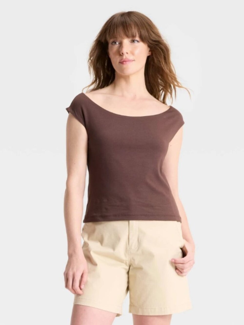 Women's Slim Fit Short Sleeve Off the Shoulder Top - a New Day™ Brown M